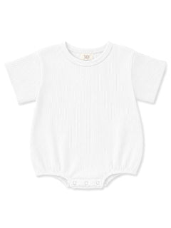 White short-sleeve baby bodysuit with a ribbed texture and bottom snap closure.