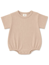 Beige ribbed baby bodysuit with short sleeves and snap button closure at the bottom.