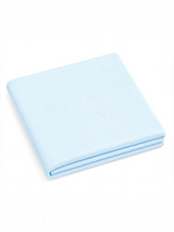 Light blue striped fabric folded neatly, ideal for bedding or crafts.