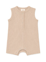 Beige sleeveless baby onesie with ribbed texture and snap buttons at the front. Perfect for warm weather.