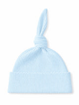 Light blue ribbed baby beanie with a knotted top, perfect for warmth and style.