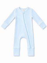 Light blue ribbed baby onesie with a front zipper and long sleeves.