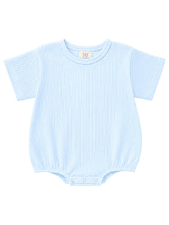 Light blue baby romper with short sleeves and snap closures at the bottom. Ideal for warm weather and comfortable play.