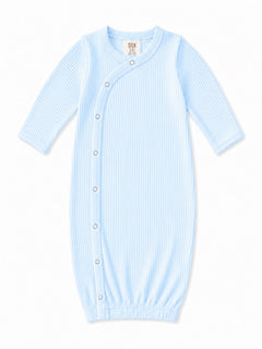 Light blue striped baby gown with long sleeves and snap closure. Ideal for infants up to 3 months.