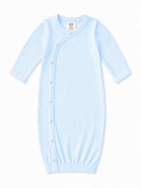 Light blue striped baby gown with long sleeves and snap closure. Ideal for infants up to 3 months.