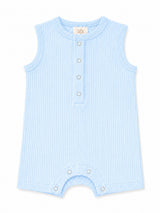 Light blue sleeveless baby romper with vertical stripes and snap buttons at the front.