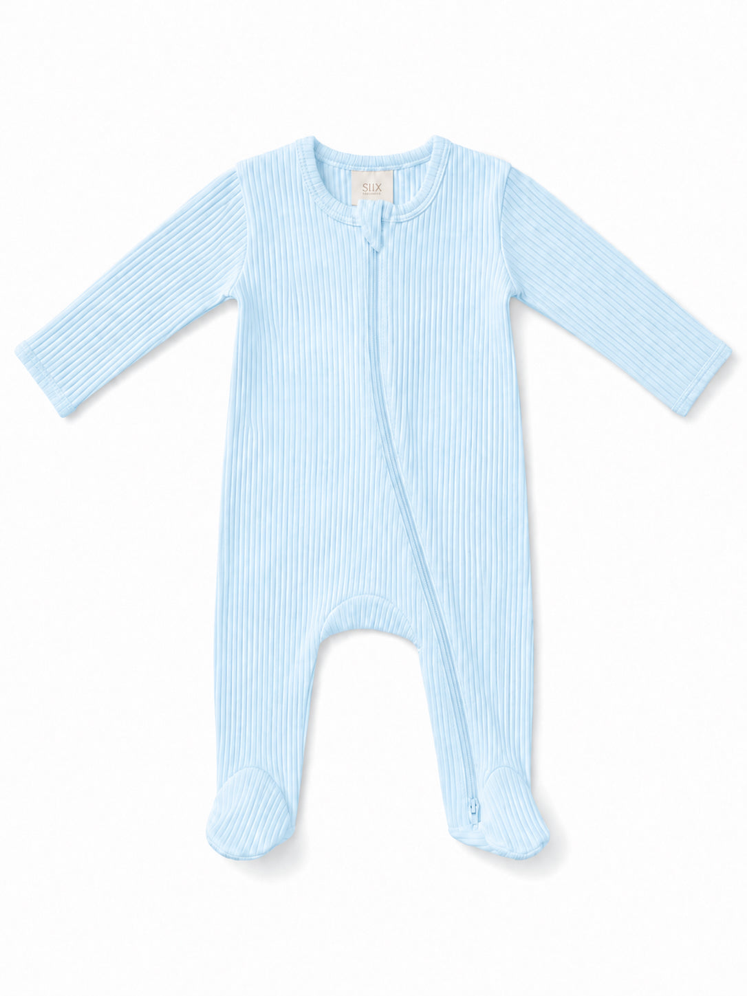 Light blue, ribbed baby sleep suit with long sleeves and a front zipper for easy dressing. Soft and cozy fabric.