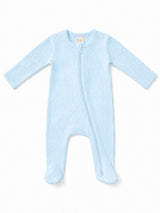 Light blue, ribbed baby sleep suit with long sleeves and a front zipper for easy dressing. Soft and cozy fabric.