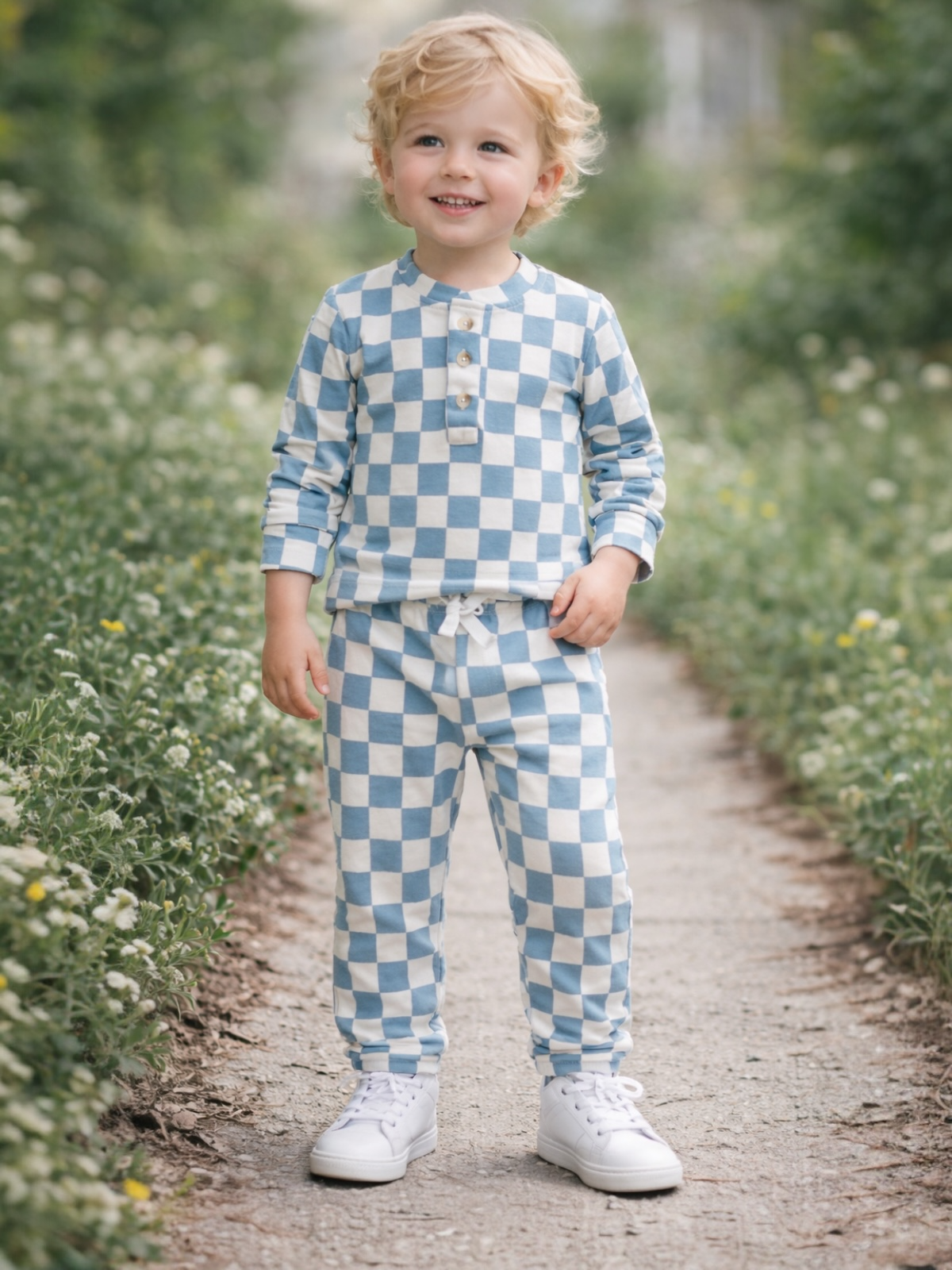 Smiling child in blue and white checkered outfit, standing on a path surrounded by greenery and wildflowers.