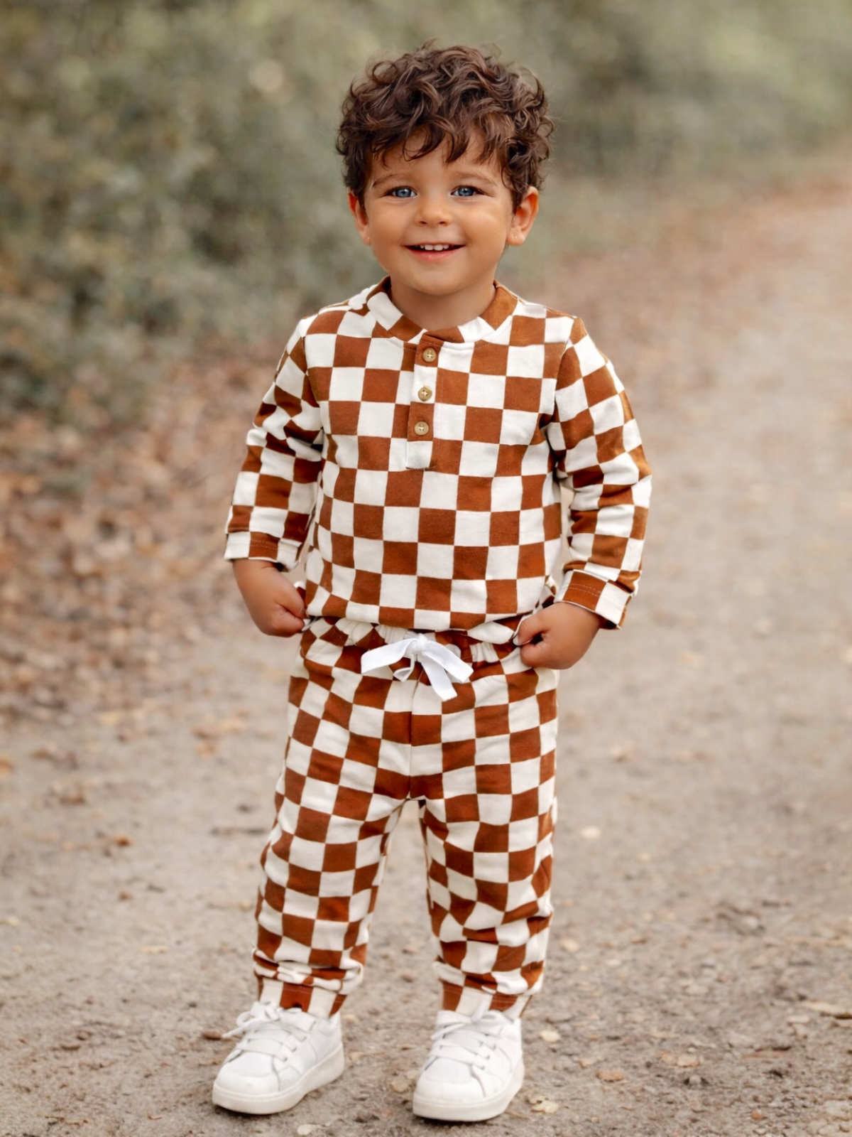 Smiling child in brown and white checkered outfit standing on a gravel path, wearing white sneakers.