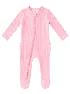 Pink ribbed onesie with long sleeves and ruffle detailing along the zipper, perfect for infants.