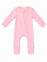 Pink ribbed infant onesie with long sleeves and a front zipper. Soft, cozy, perfect for play or sleep.