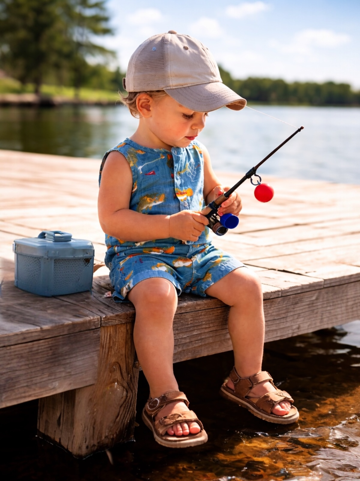 Child fishing from a wooden dock, wearing a cap and overalls, with a tackle box beside him.