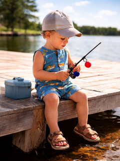 Child fishing from a wooden dock, wearing a cap and overalls, with a tackle box beside him.
