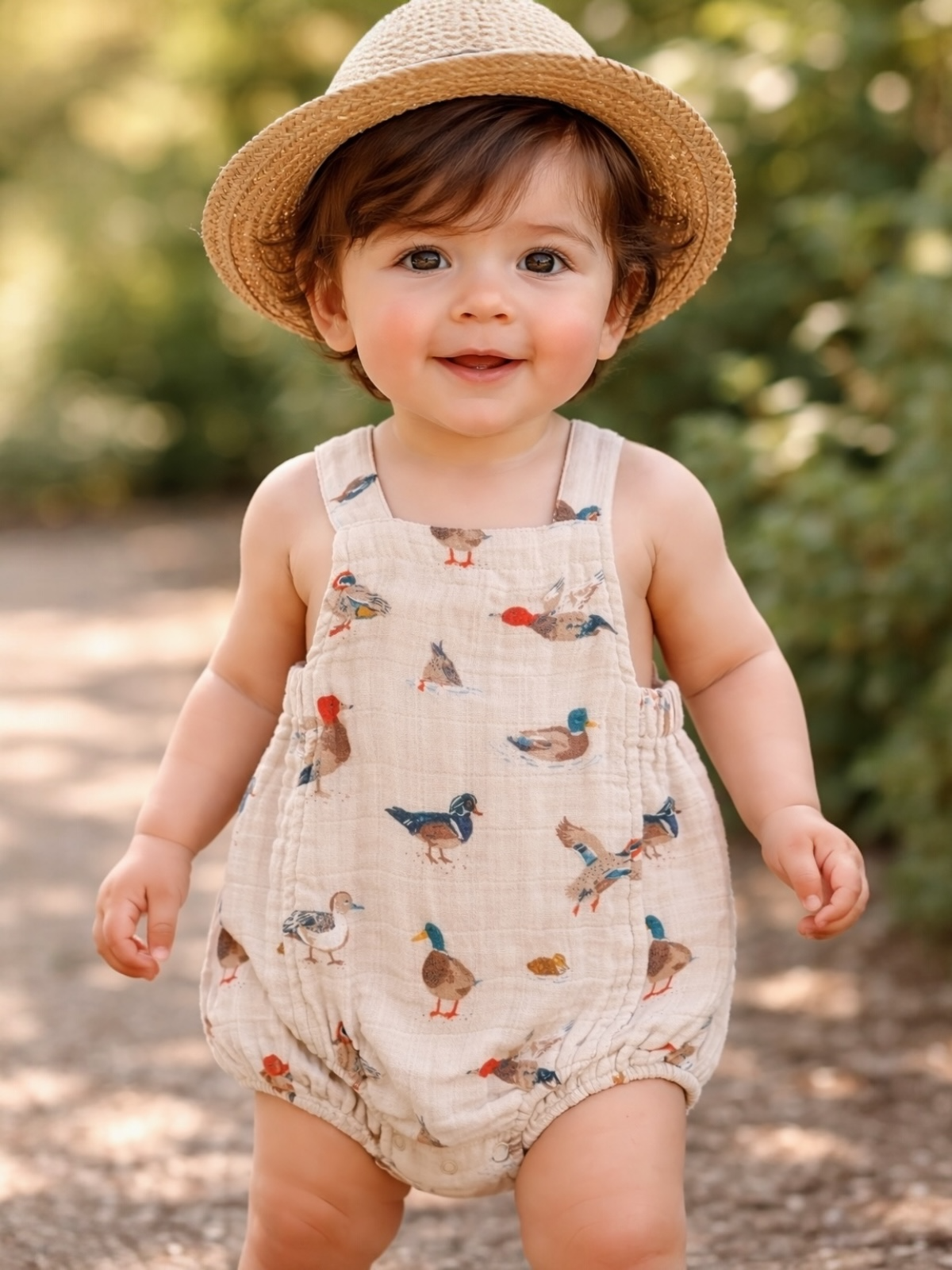Toddler in a playful duck-patterned romper and straw hat, smiling outdoors amidst greenery.