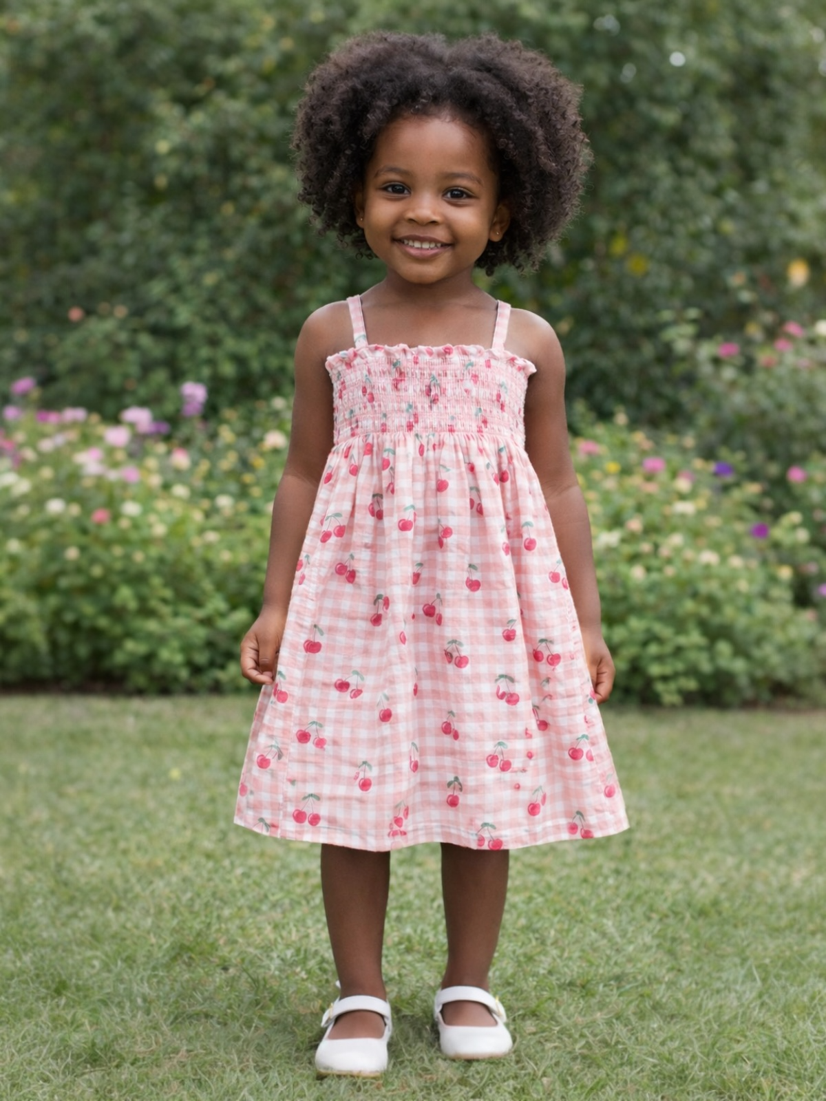 Smiling girl in a pink cherry-patterned dress stands in a garden with flowers and greenery.