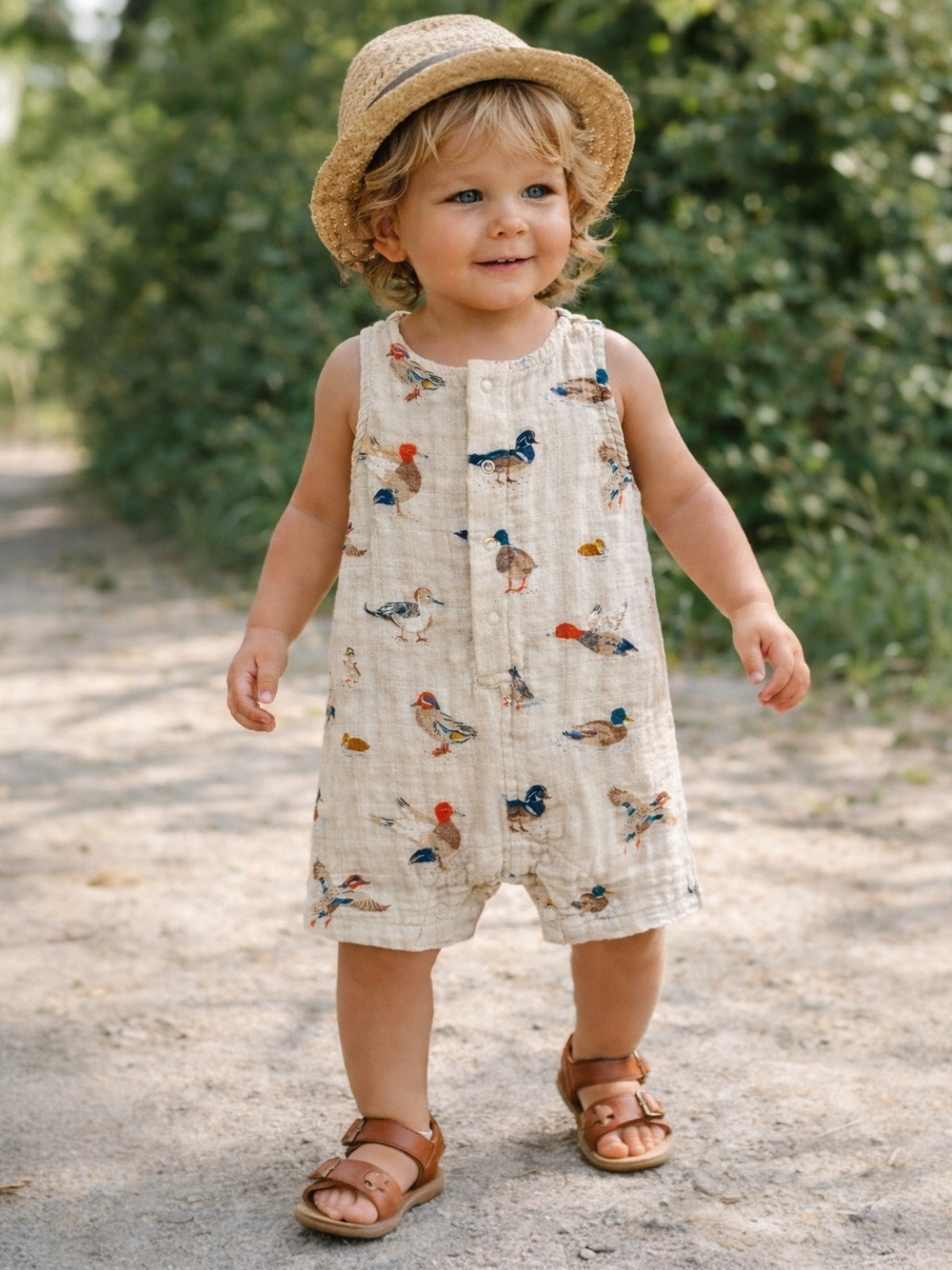 Smiling toddler in a bird-patterned romper and straw hat, standing on a gravel path surrounded by greenery.