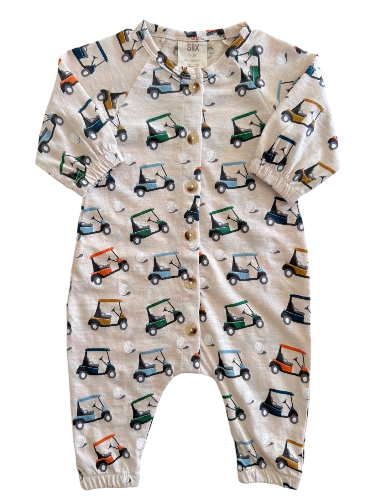 Baby onesie with golf cart patterns and buttons, designed for infants aged 0-3 months.