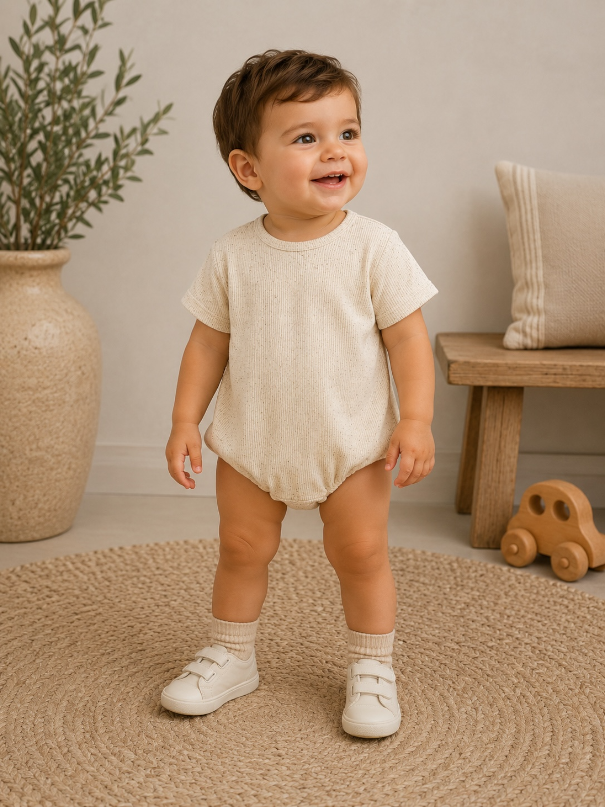 Smiling toddler in a light outfit stands on a rug near a plant and wooden furniture.