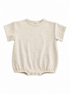 Light gray short-sleeve baby onesie with a textured pattern and snap button closure at the bottom.