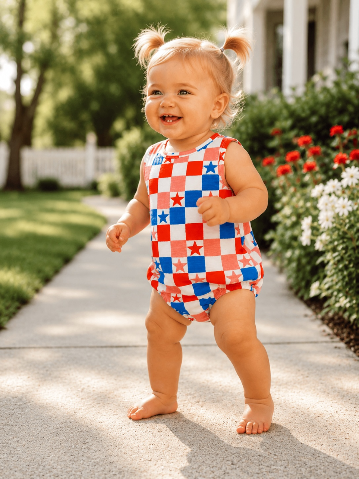 Toddler in a red, white, and blue checker-patterned outfit smiles while walking on a sunlit sidewalk surrounded by flowers.
