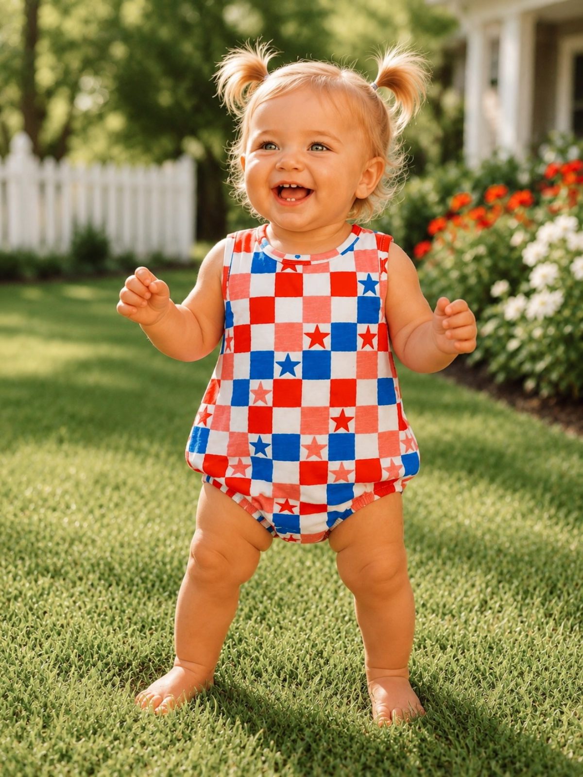 Smiling toddler in a red, white, and blue star-patterned outfit, standing on green grass.
