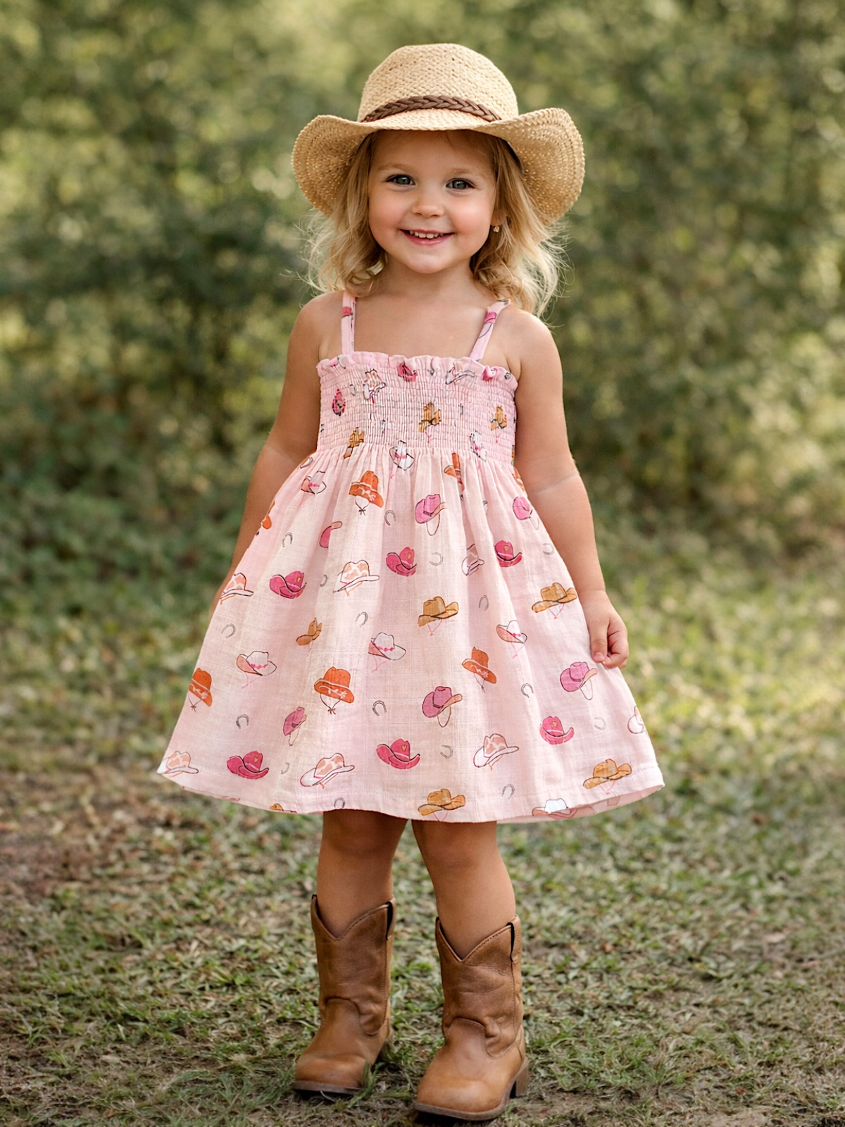 Smiling child in a patterned dress and boots, wearing a straw hat, standing outdoors among greenery.