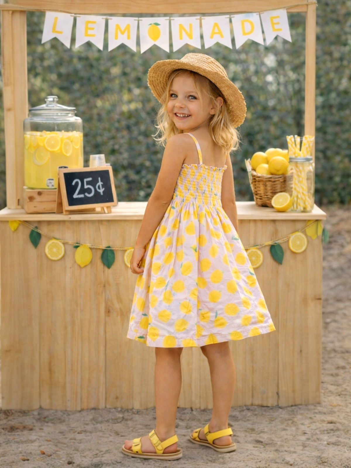 Smiling girl in a lemon print dress stands at a lemonade stand with a yellow lemonade banner and decorations.