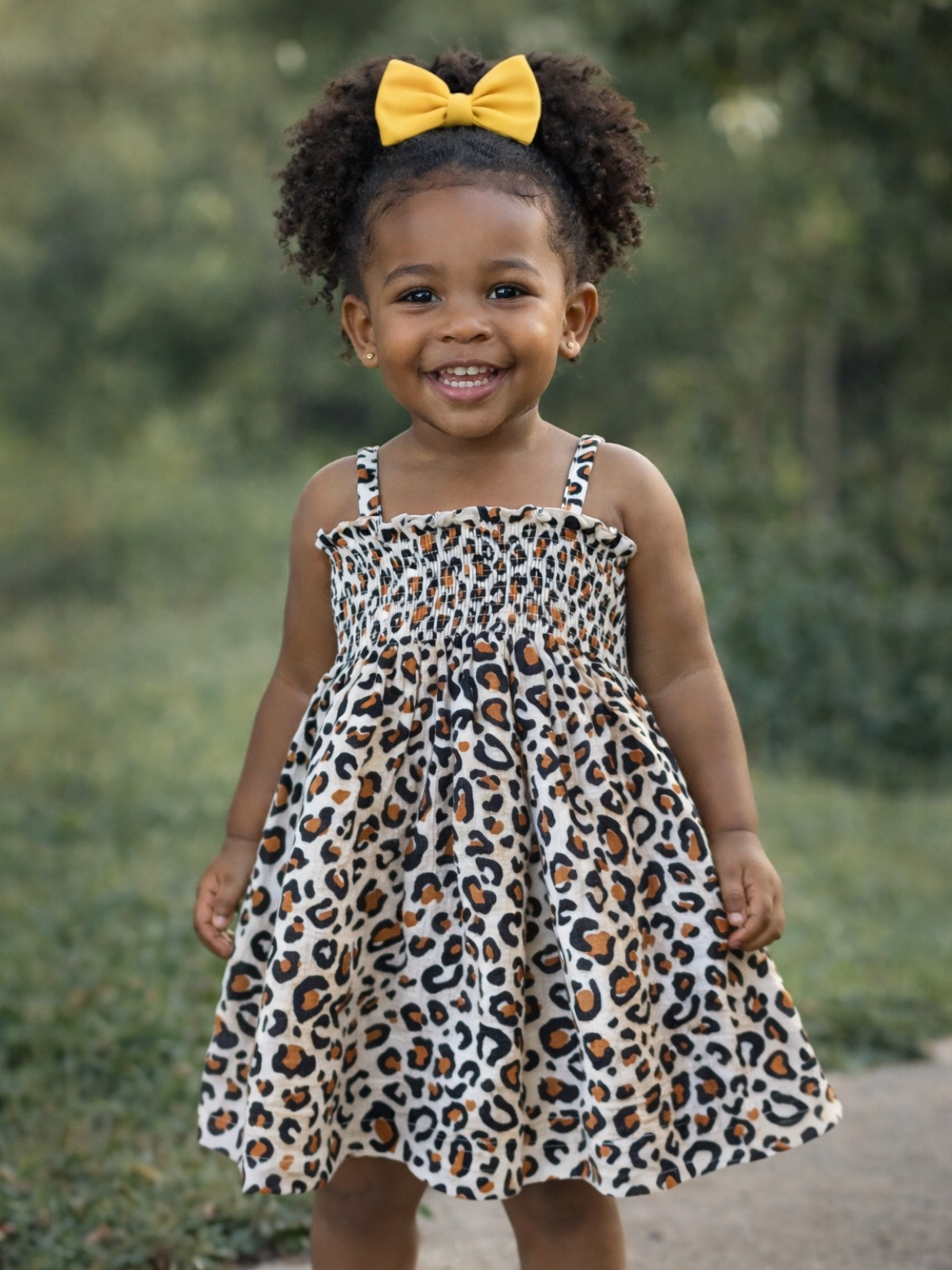 Smiling toddler in a leopard-print dress and yellow bow, standing outdoors with greenery in the background.