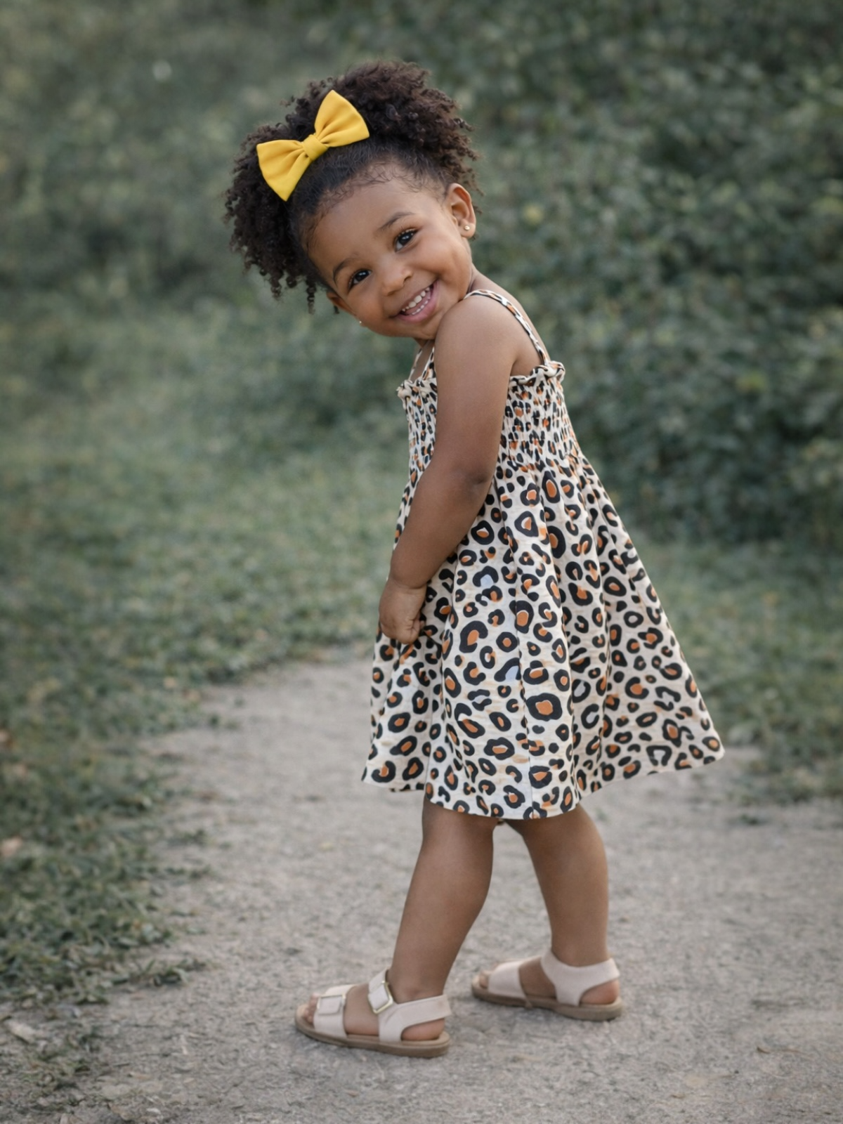 Smiling young girl with a yellow bow in her hair, wearing a leopard print dress, standing on a path.