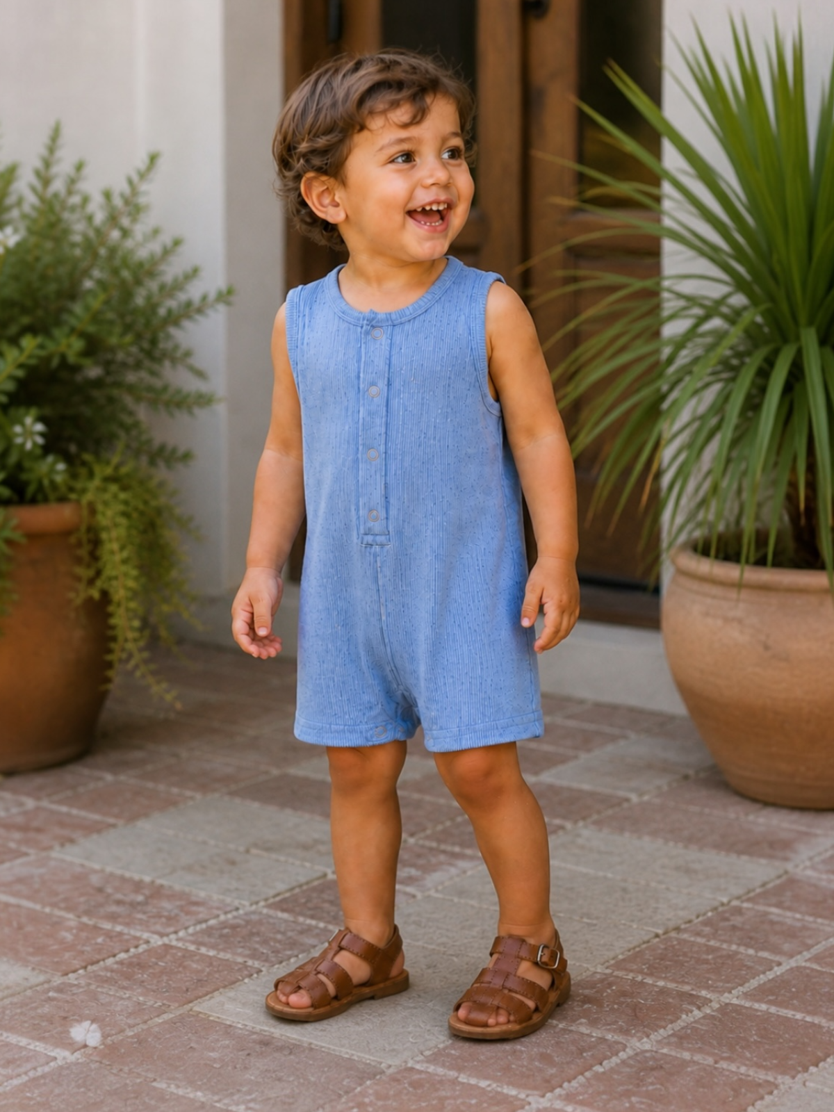 Smiling toddler in a blue sleeveless romper and brown sandals, standing on a tiled patio with plants in the background.