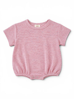 Light pink short-sleeve baby bodysuit with elasticated bottom and snap closures. Ideal for comfort and style.