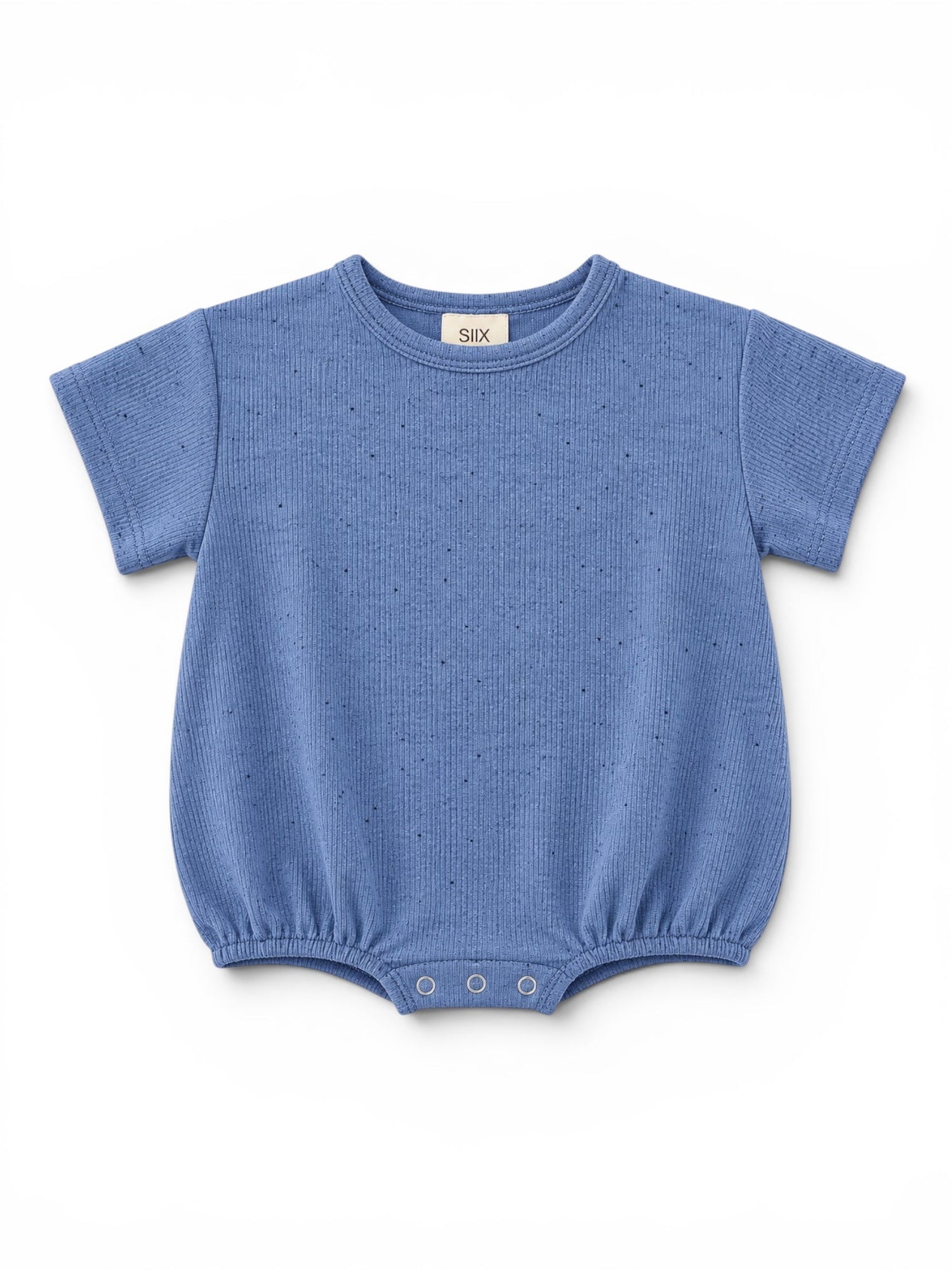 Light blue short-sleeve baby onesie with a ribbed texture and snap closures at the bottom.
