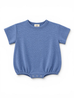 Light blue short-sleeve baby onesie with a ribbed texture and snap closures at the bottom.