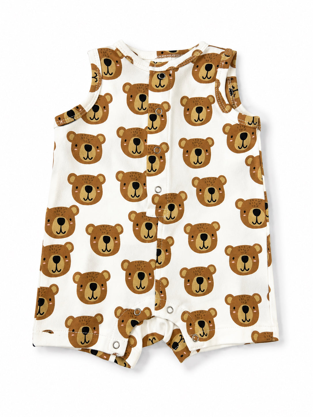 White baby romper with a playful bear face pattern in brown tones. Suitable for infants and toddlers.
