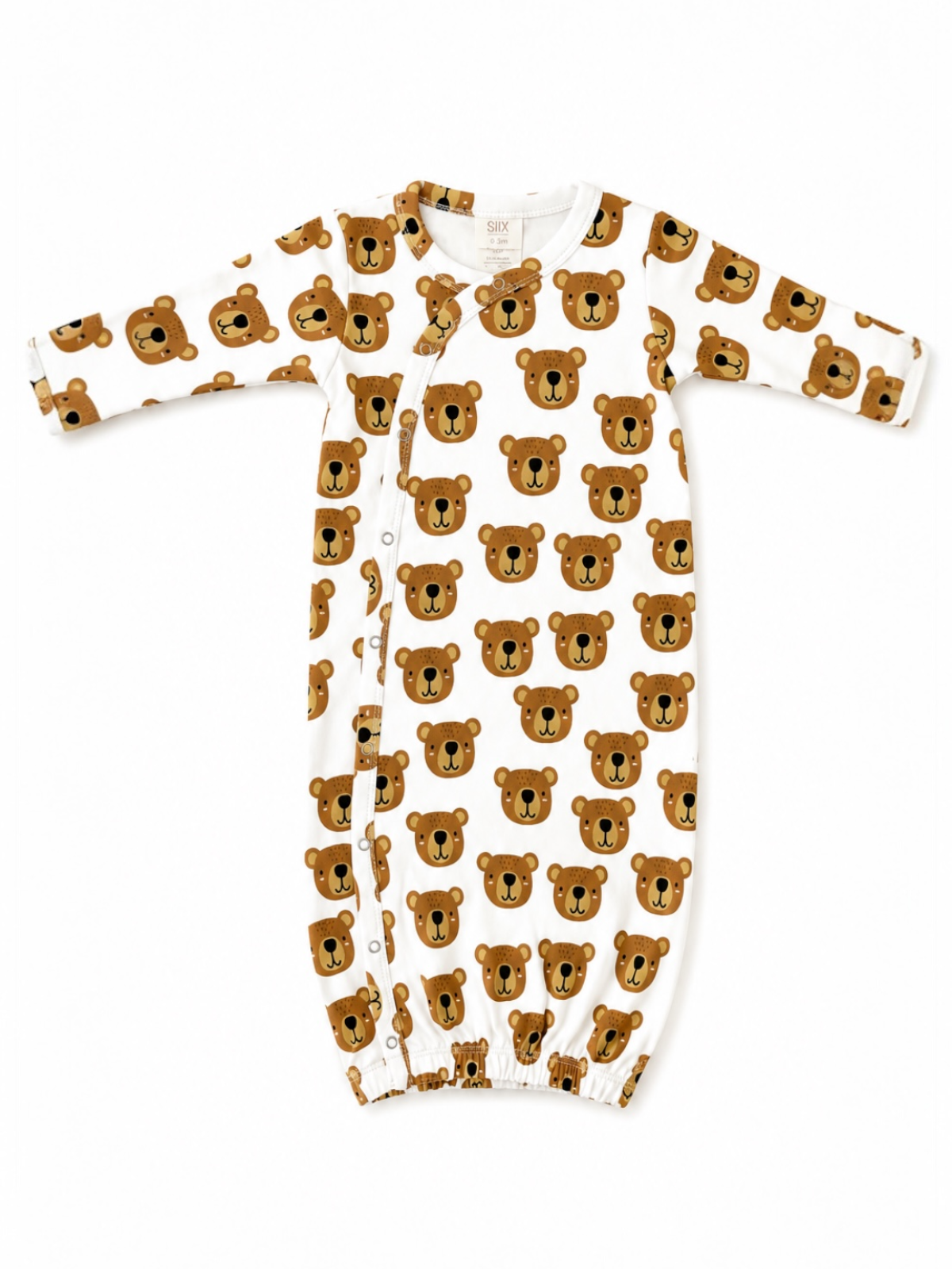 Baby onesie with playful bear face pattern on a white background, featuring long sleeves and snap closures.