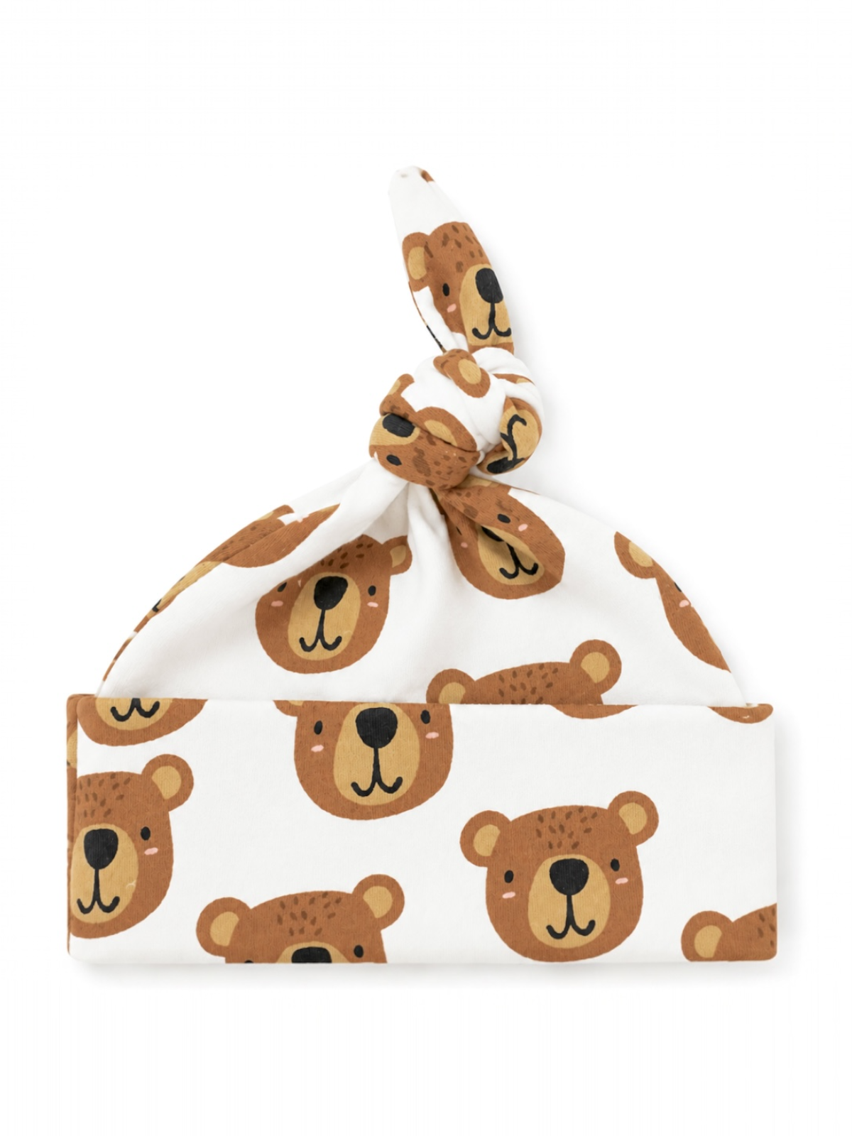 Spotted baby beanie with an adorable bear print and a knot tie on top against a white background.