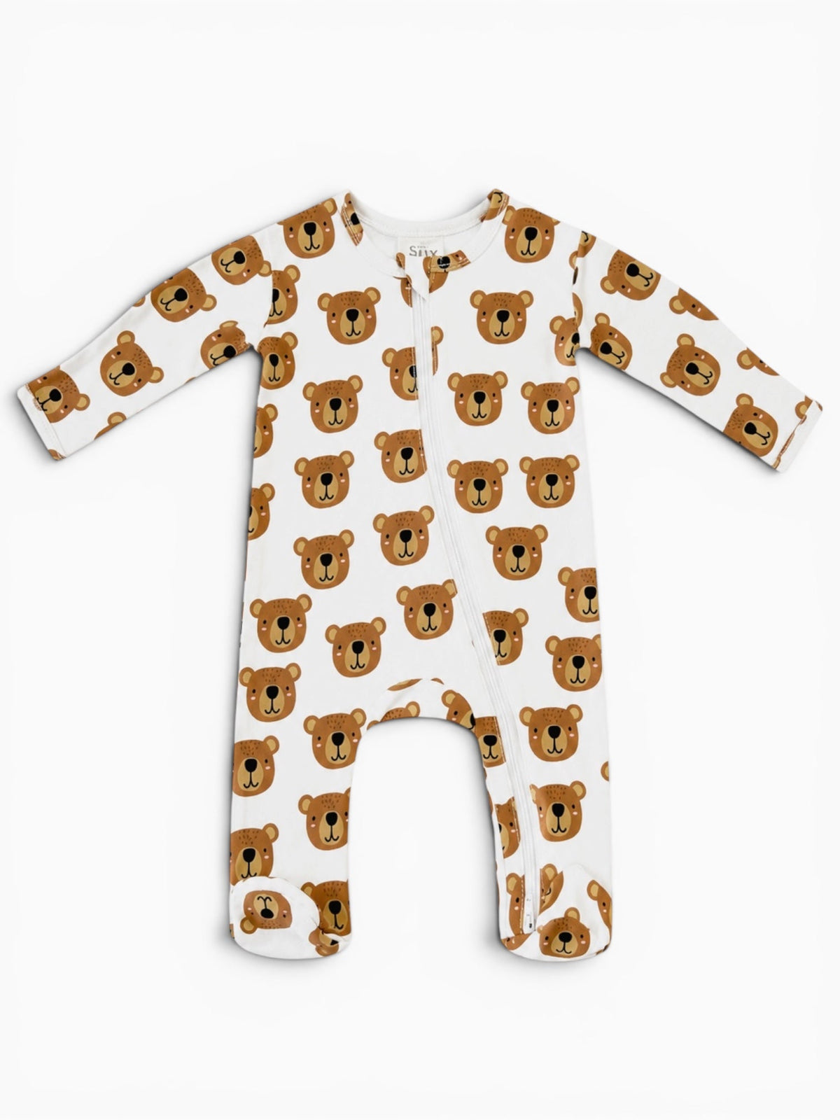 White baby onesie with bear face pattern, featuring long sleeves and a front zip closure.
