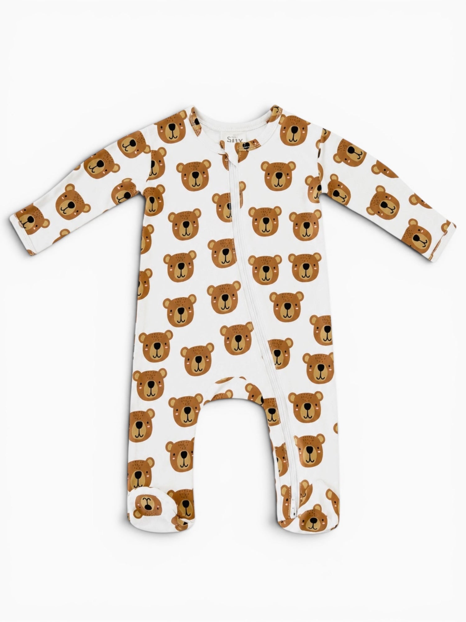 White baby onesie with bear face pattern, featuring long sleeves and a front zip closure.