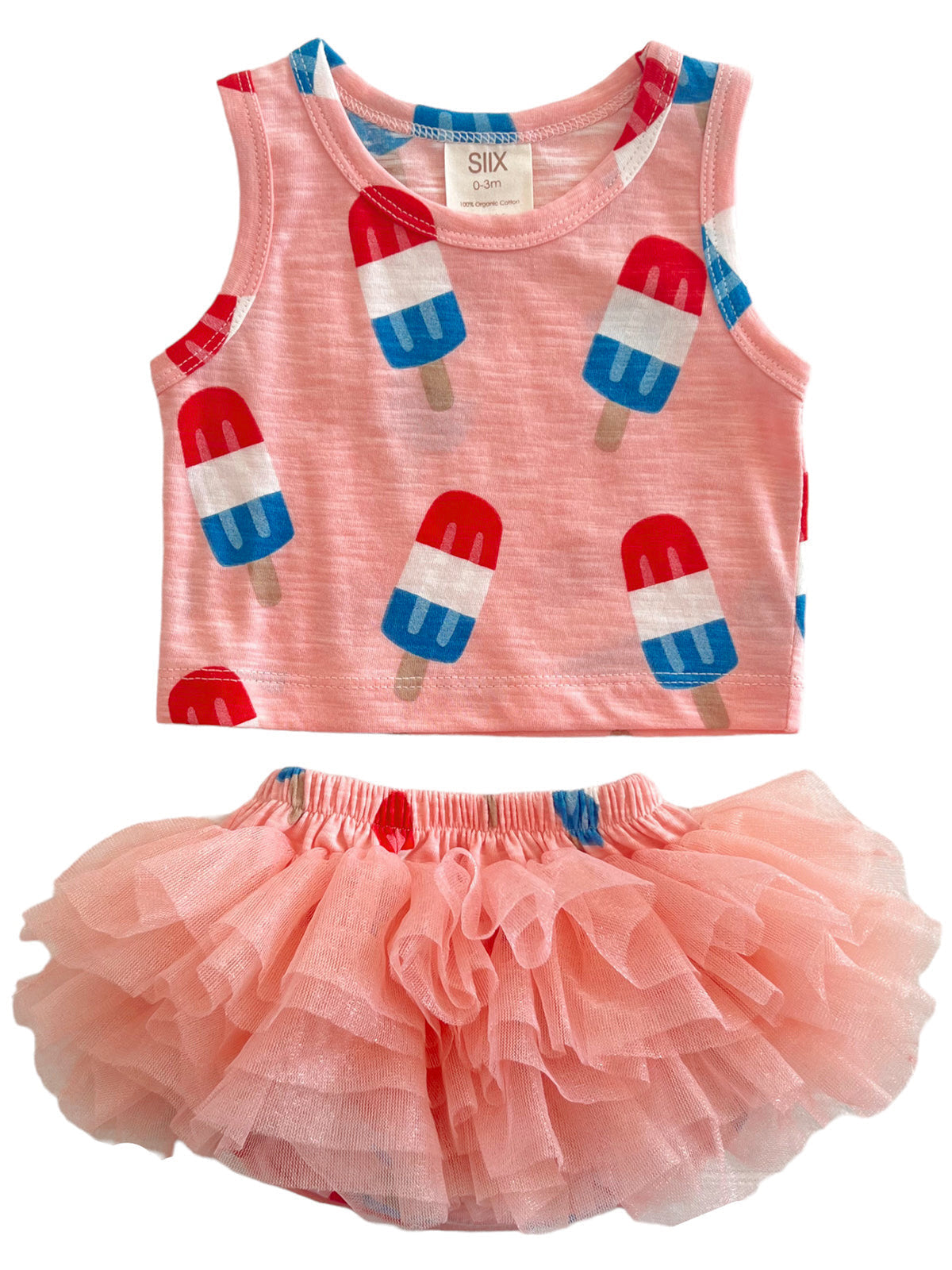 Pink toddler outfit with popsicle print tank top and a fluffy pink tutu skirt. Perfect for summer fun.