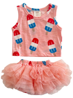 Pink toddler outfit with popsicle print tank top and a fluffy pink tutu skirt. Perfect for summer fun.