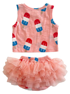 Toddler outfit featuring a pink tank top with popsicle prints and a pink ruffled tutu skirt.