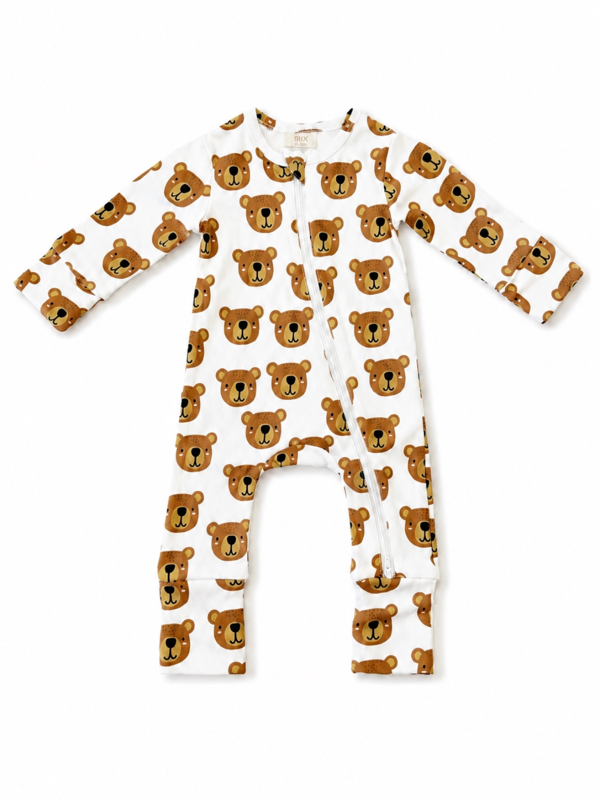 White onesie featuring cute brown bear faces, designed for infants with a front zipper closure.