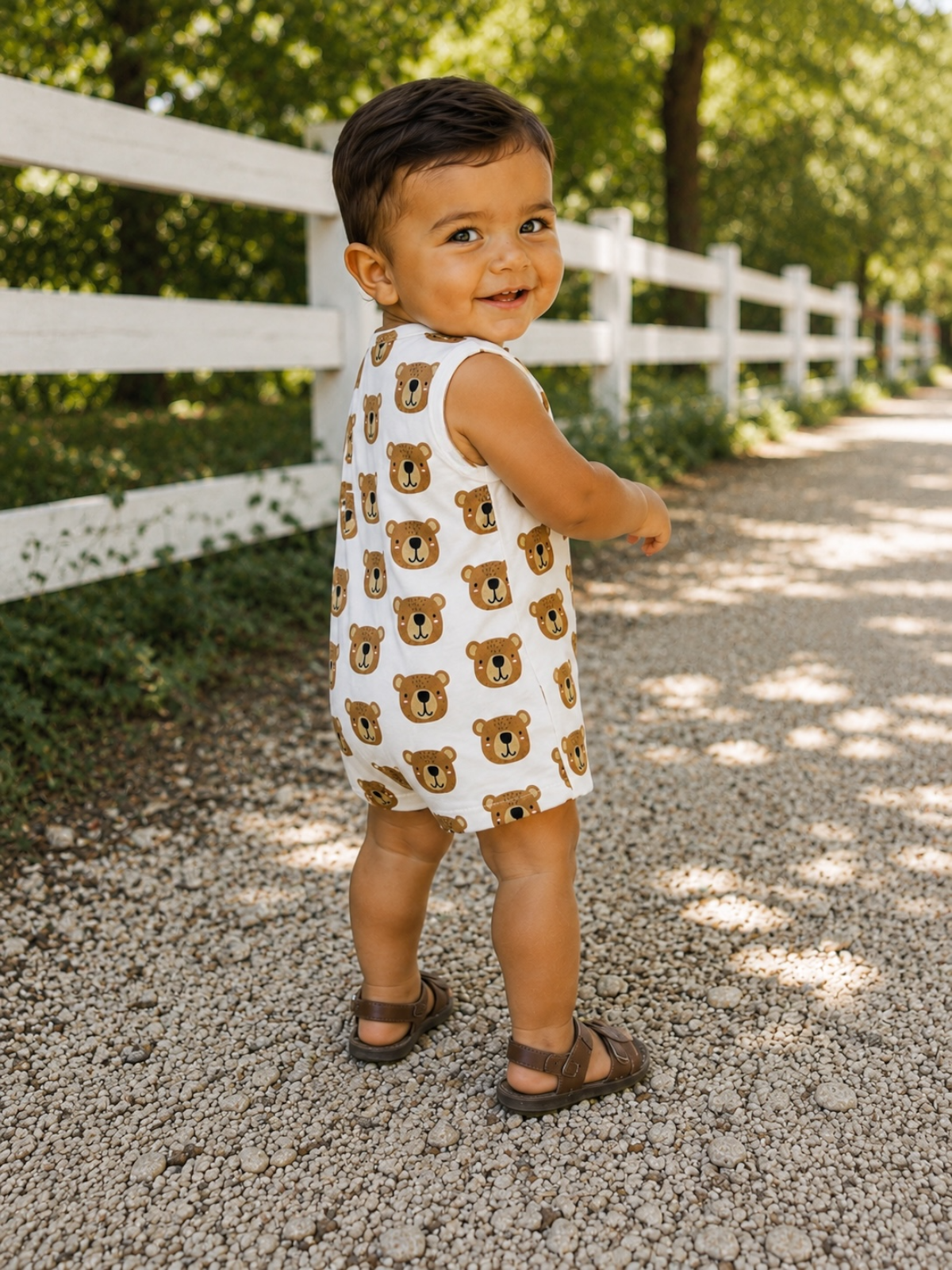 Smiling toddler in a bear-print outfit standing on a pebbled path with a white fence and green trees in the background.