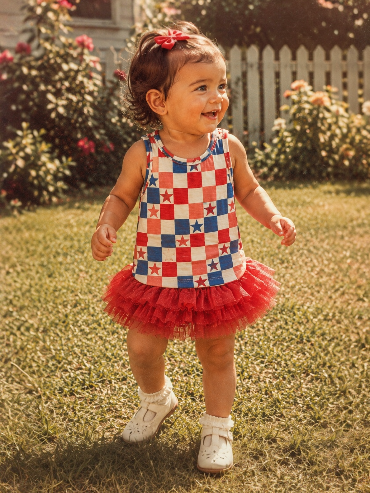 Happy toddler in a star-patterned shirt and red tutu, playing on grassy lawn with flowers and a fence in the background.