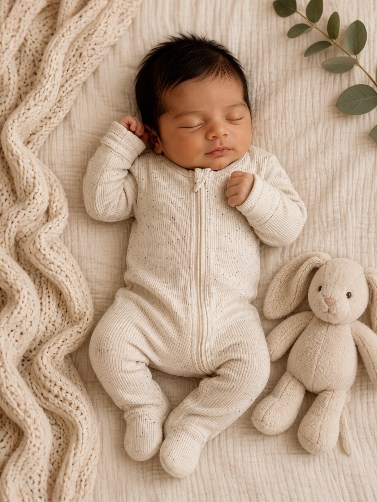 Sleeping newborn in cozy outfit beside a soft bunny toy on a textured blanket. Natural, serene setting.