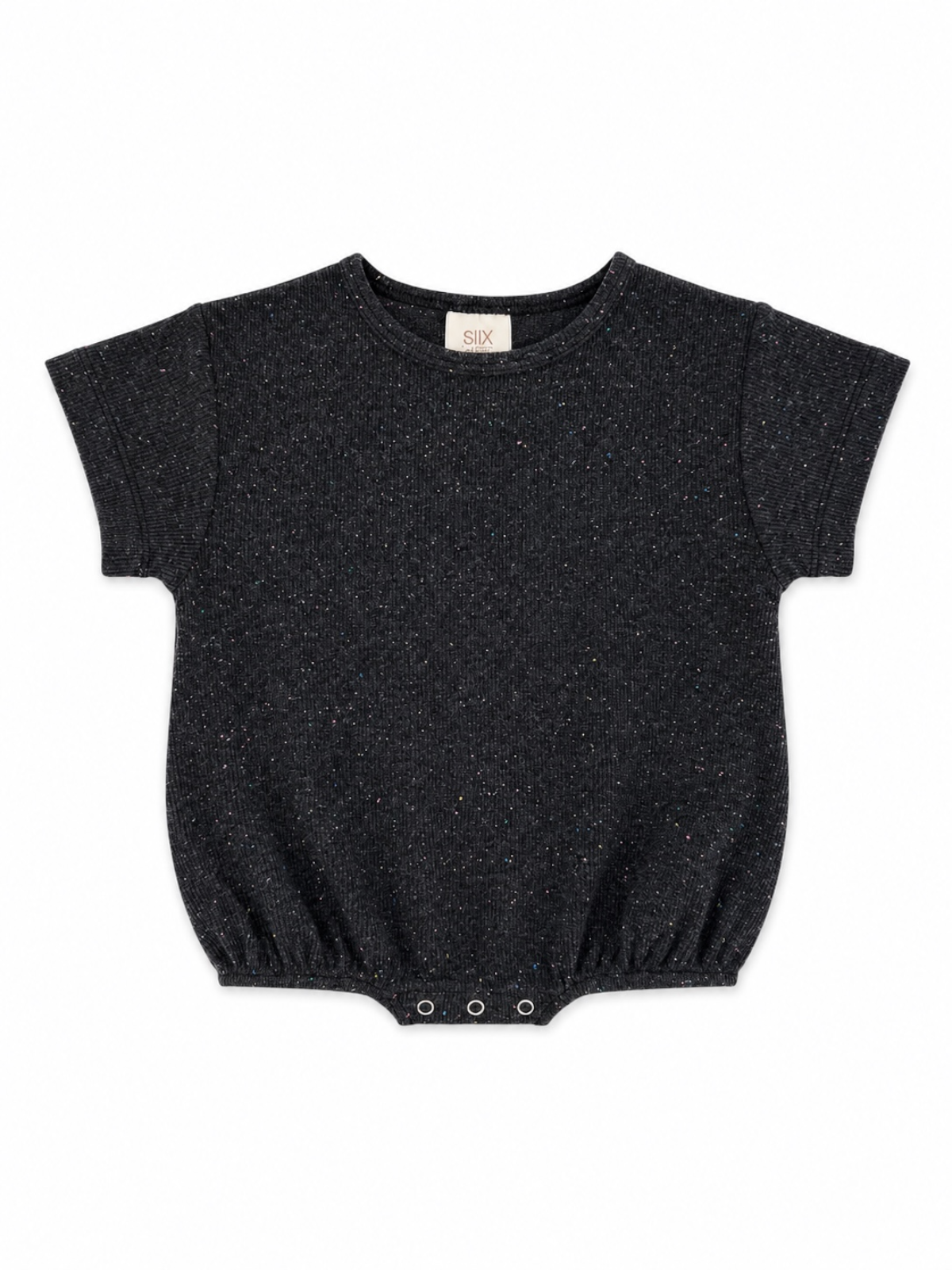Black short-sleeve baby bodysuit with subtle colorful specks and snap closures at the bottom.