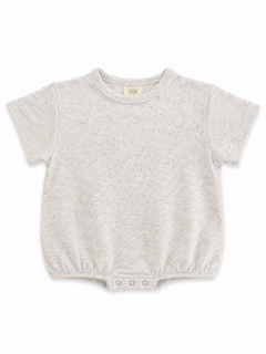 Light gray baby t-shirt with short sleeves and snap closure at the bottom, featuring a speckled design.