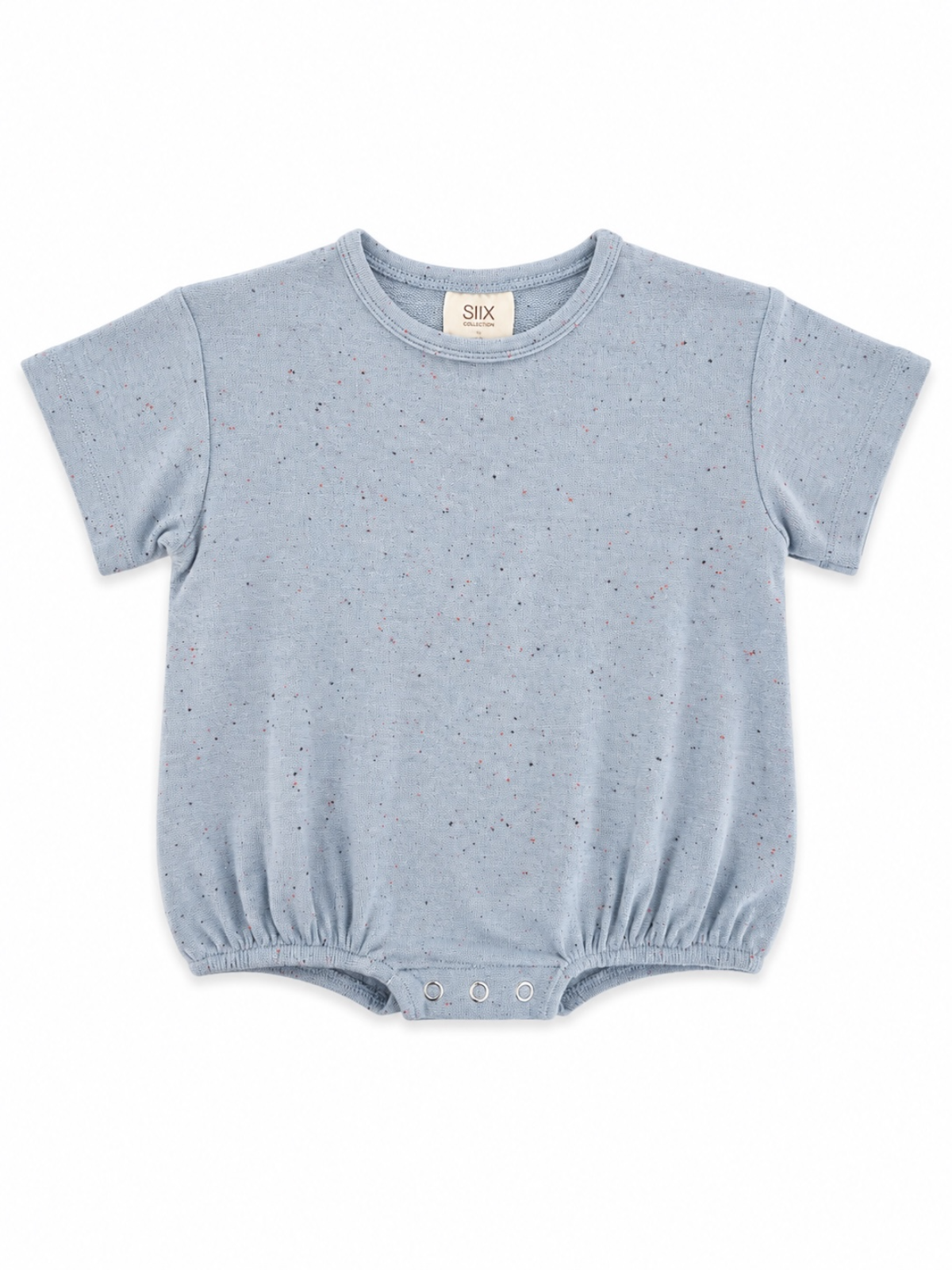 Light blue baby bodysuit with short sleeves and elastic around the waist, featuring a sprinkle pattern.