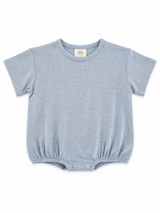 Light blue baby bodysuit with short sleeves and elastic around the waist, featuring a sprinkle pattern.